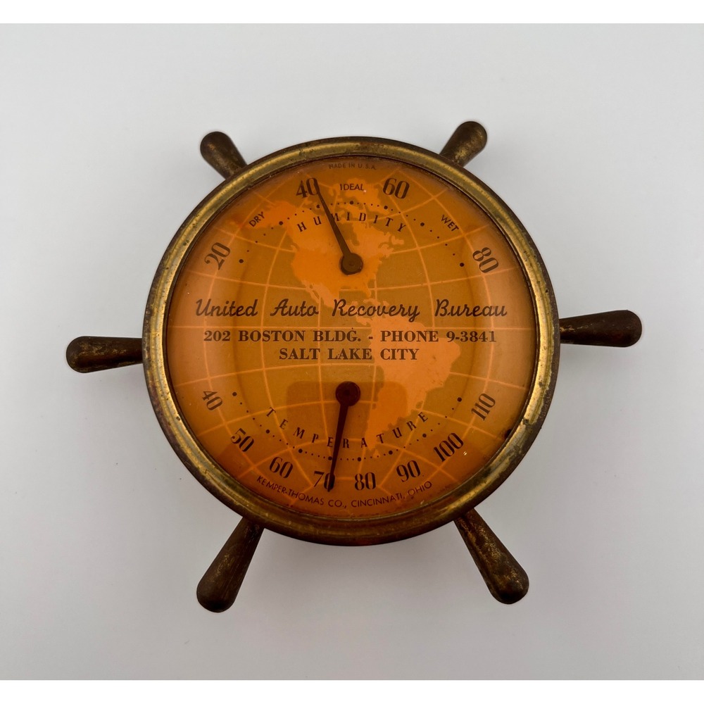 Kemper-Thomas Ships Wheel Desk Thermometer Humidity Gauge Salt Lake City Vintage